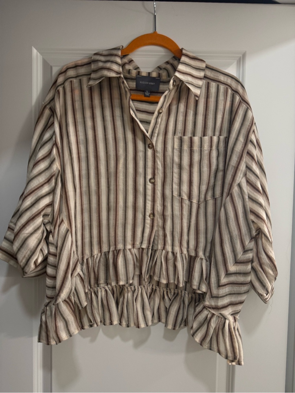 Woven Striped Ruffle-Hem Button Blouse - Beige/Brown